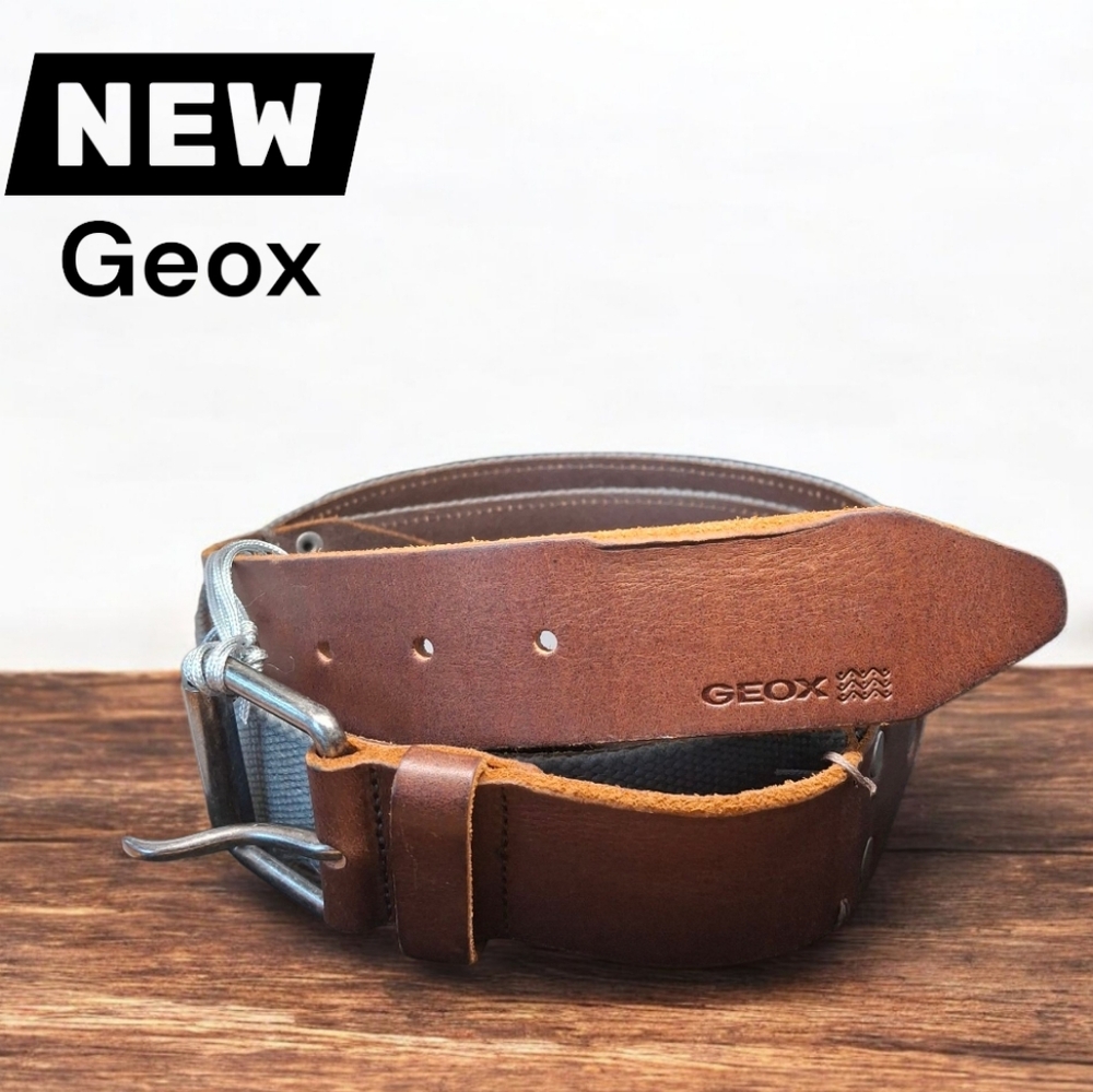 NWT Geox Brown Leather With Gray Canvas Men's Belt